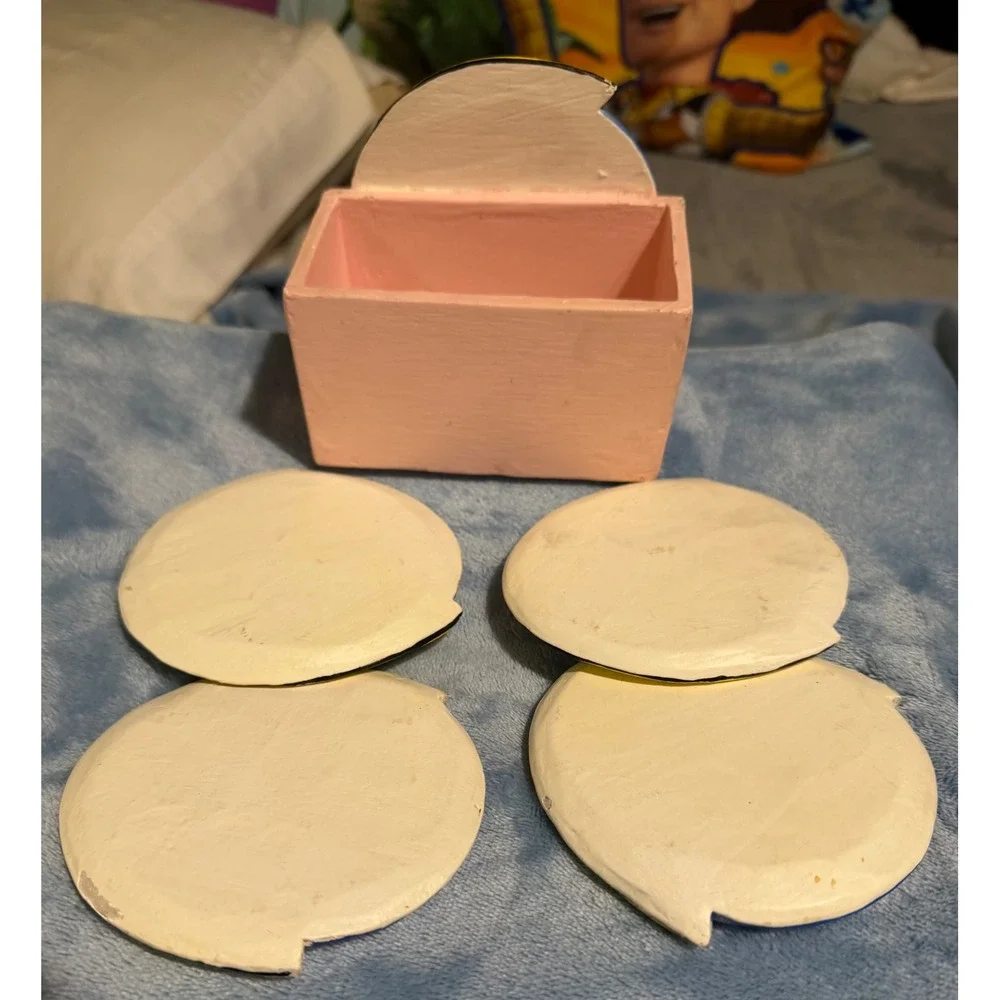Vintage Celestial Moon Face Coaster Set with Pink Wooden Holder Hand Painted 5pc